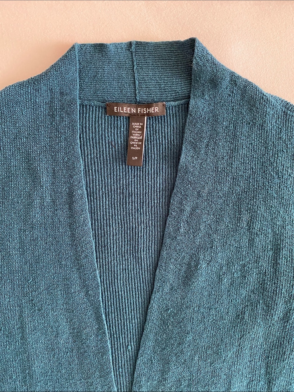 Eileen Fisher Linen blend Italian knit Teal Open-Front Pocket Cardigan size S - Picture 3 of 9